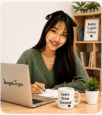 Student at a desk with Hello AngeLingo on her laptop, writing notes