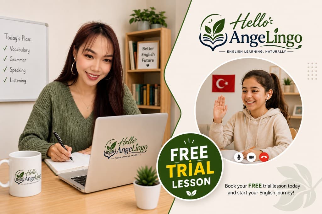 Hello AngeLingo free trial lesson — teacher and student in an online English class