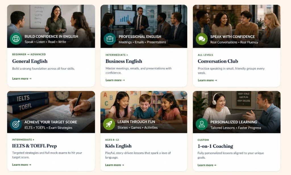 Hello AngeLingo course offerings — General English, Business English, Conversation Club, IELTS and TOEFL Prep, Kids English, and 1-on-1 Coaching