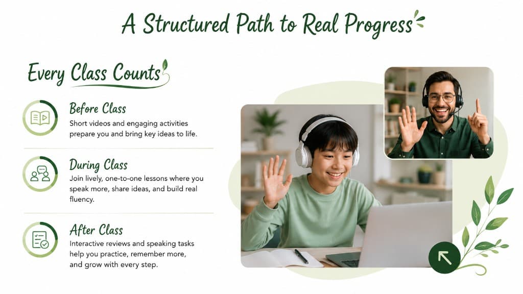 A structured path to real progress — before class, during class, and after class